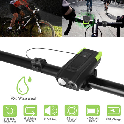 20000LM Bike Front Lights Set Bicycle Headlights w/120dB Loud Horn IPX5 Water-Resistant 4000mAh USB Rechargeable for Night Riding
