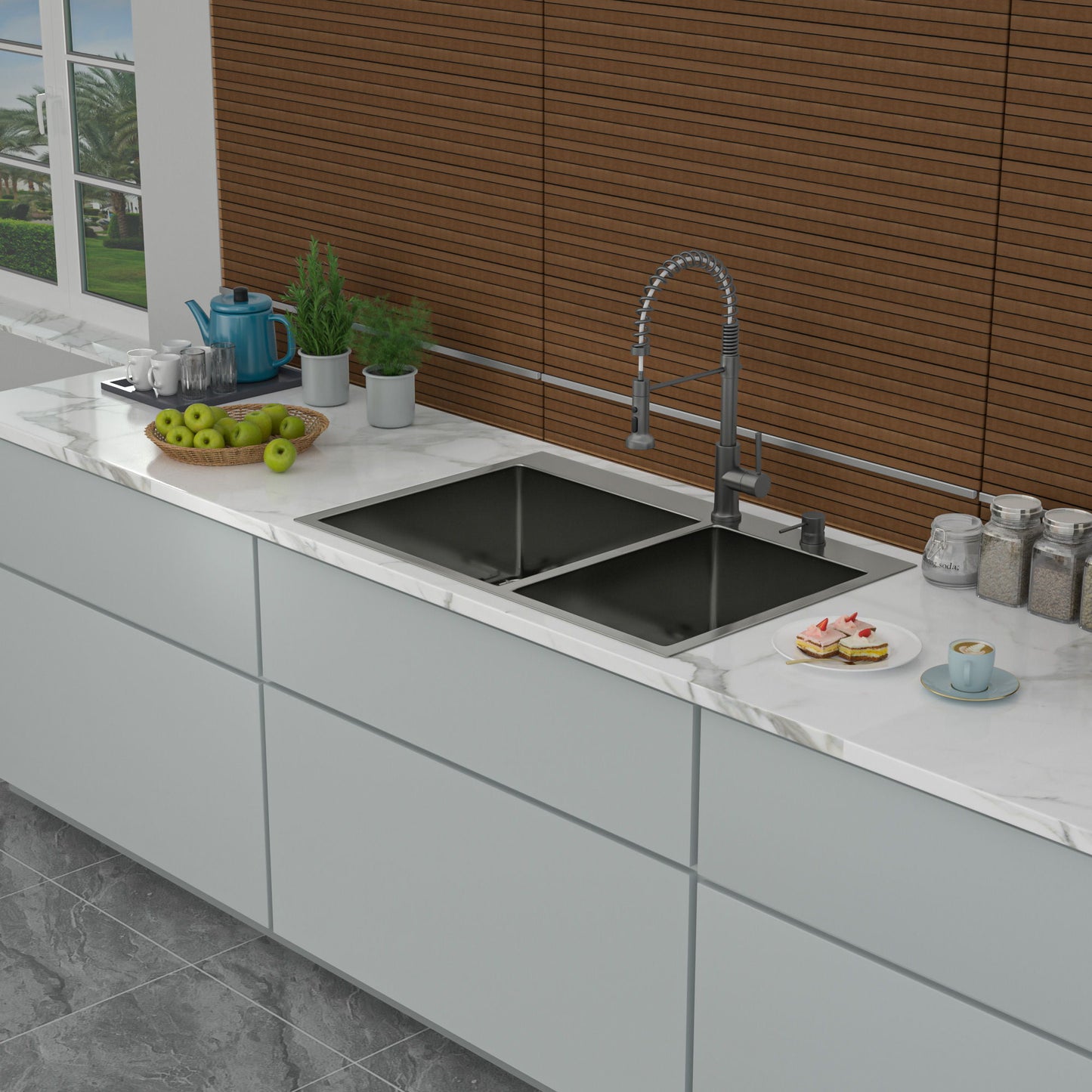 Double Bowl Kitchen Sink 16 Gauge 33" X 22" With 2 10" Deep Basins - Gunmetal Black