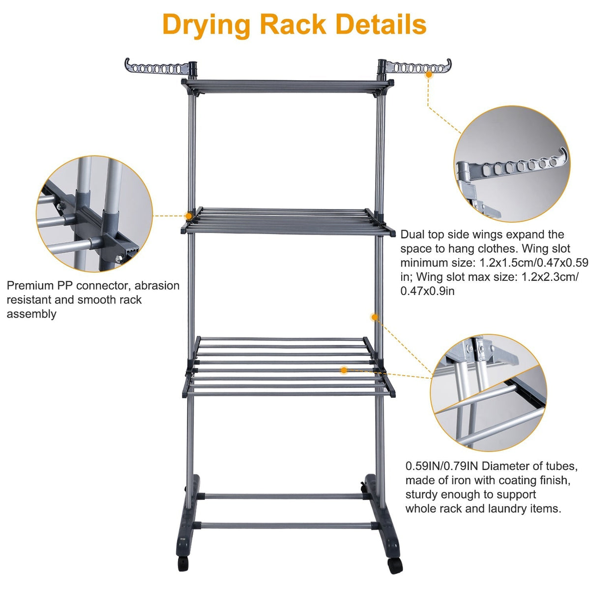Clothes Drying Rack Rolling Collapsible Laundry Dryer Hanger Stand Rail Shelve_x000B__x000B_Wardrobe Clothing Drying Racks w/ Dual Side Wings