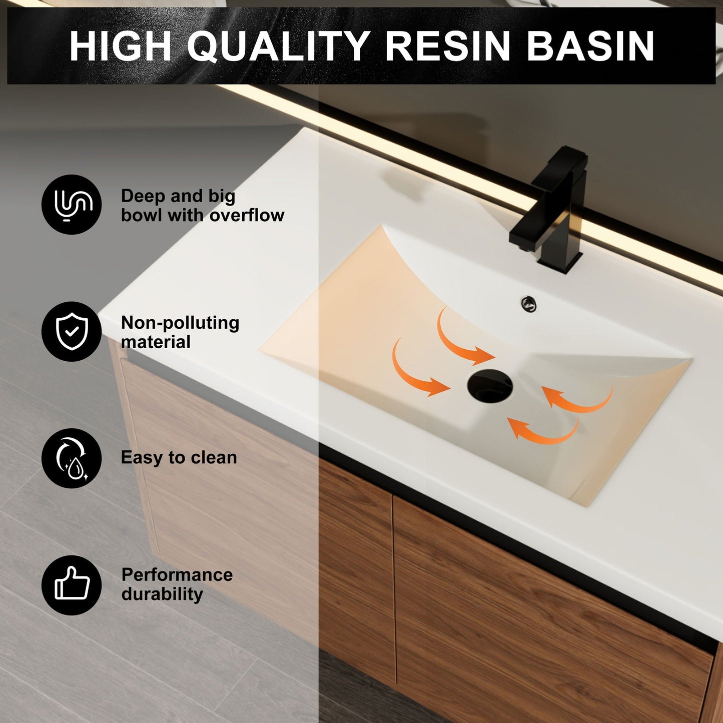 Bathroom Vanity Set With Resin Countertop Sink And 2 Doors, Engineered Wood