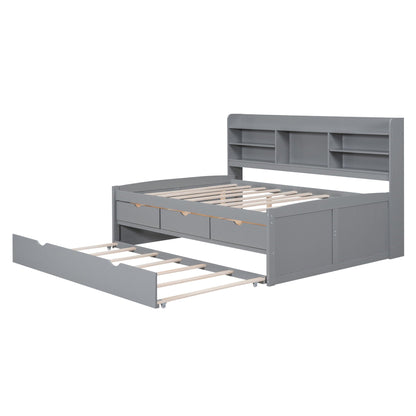 Captain Bed With Built In Bookshelves, 3 Storage Drawers, And Trundle