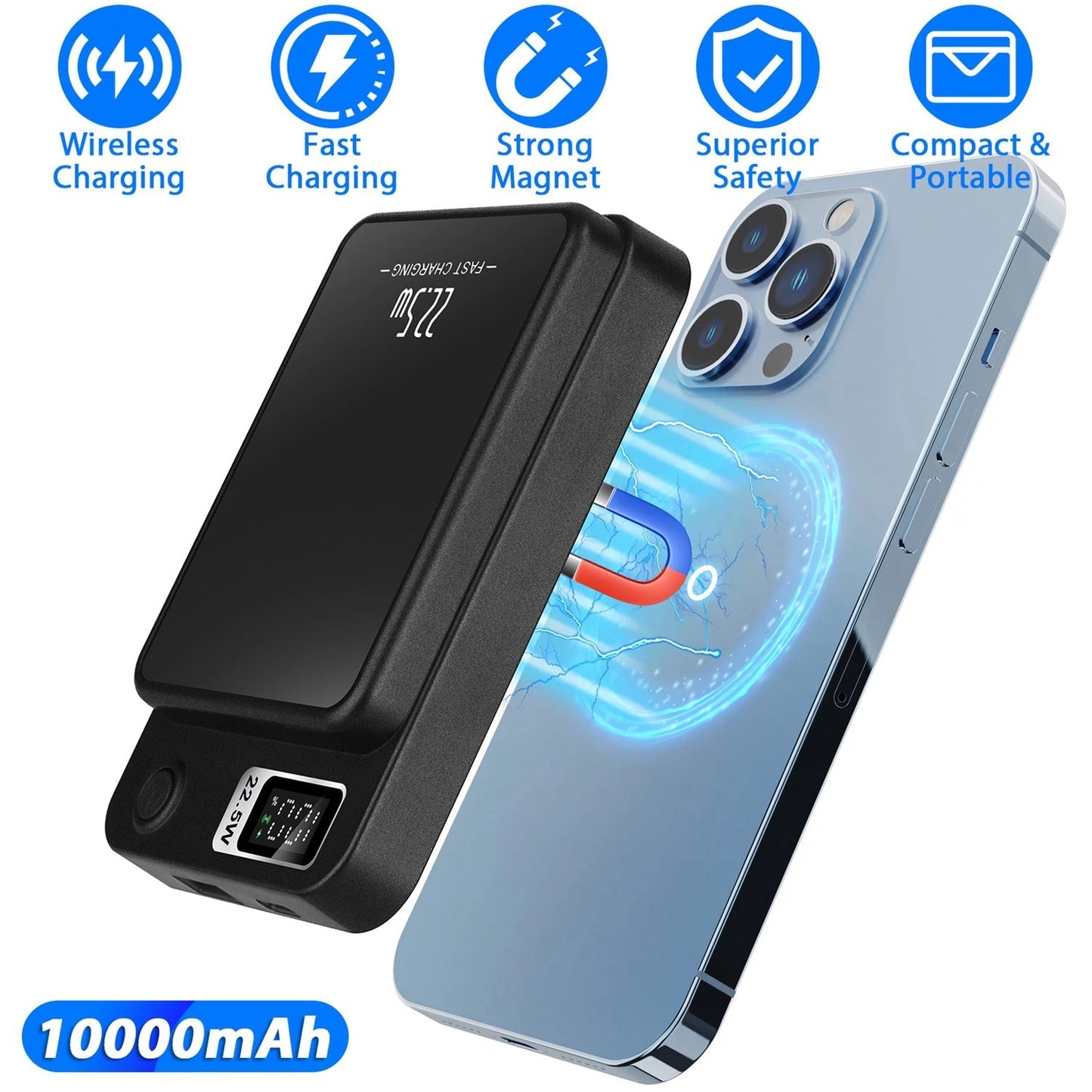2 In 1 Magnetic Wireless Power Bank 10000mAh PD20W Fast Charger MagSafe Wireless Power Bank Fit for IOS Phones IOS Phone 14 Series And More
