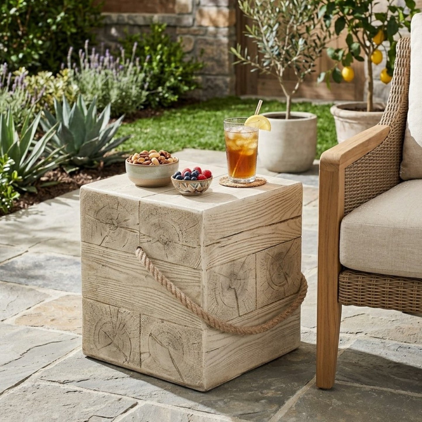 Outdoor Wood Grain Square MGO Side Table with Simulated Braided Cord