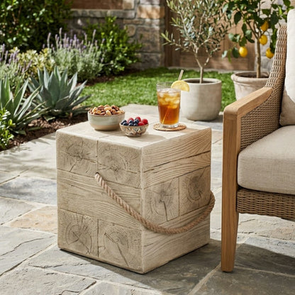 Outdoor Wood Grain Square MGO Side Table with Simulated Braided Cord