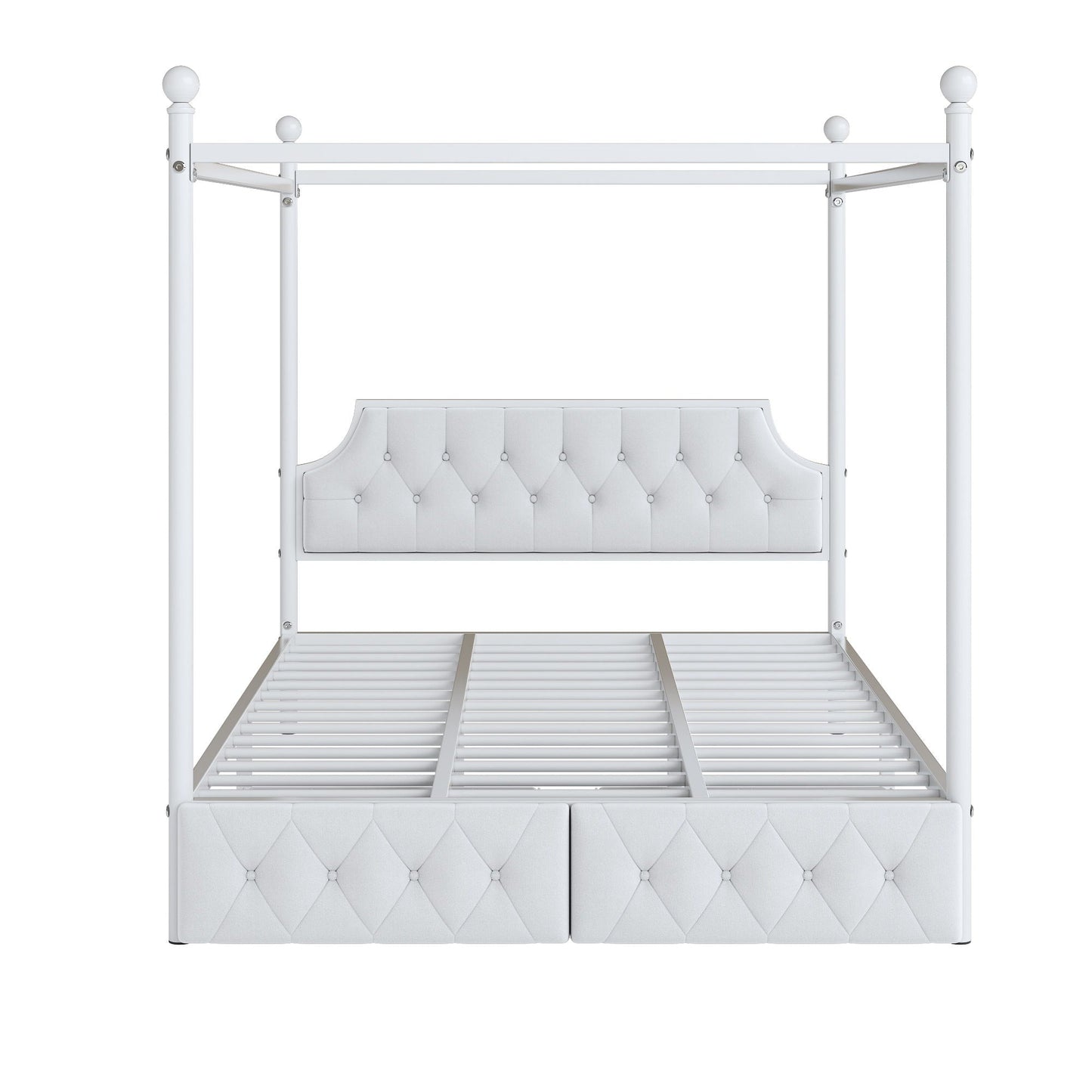 Queen Size Canopy Platform Bed With Upholstered Headboard And 2 Storage Drawers - White