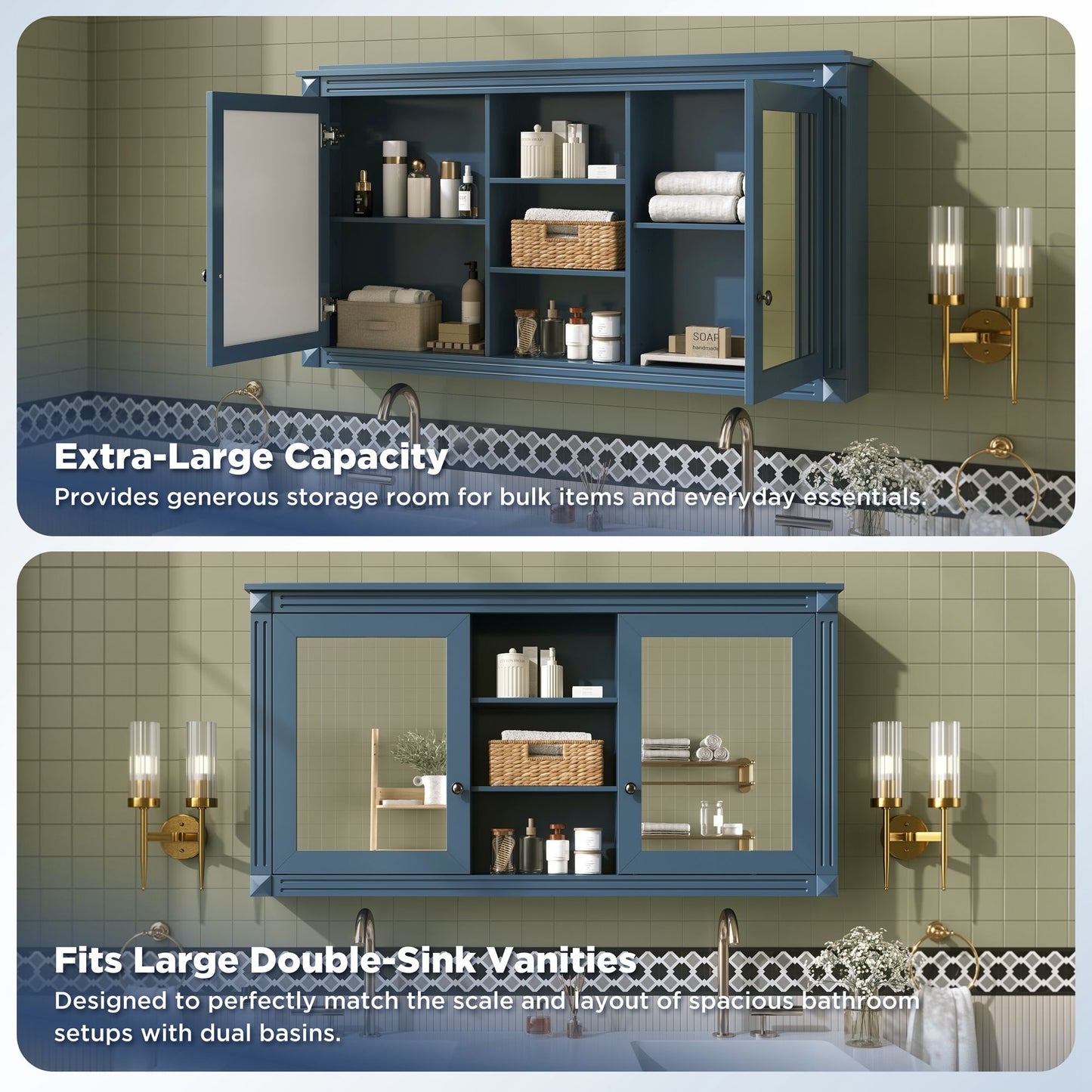 Modern Wall-Mount 2 In 1 Mirror Cabinet With Adjustable Shelves, Soft-Closing Hinges
