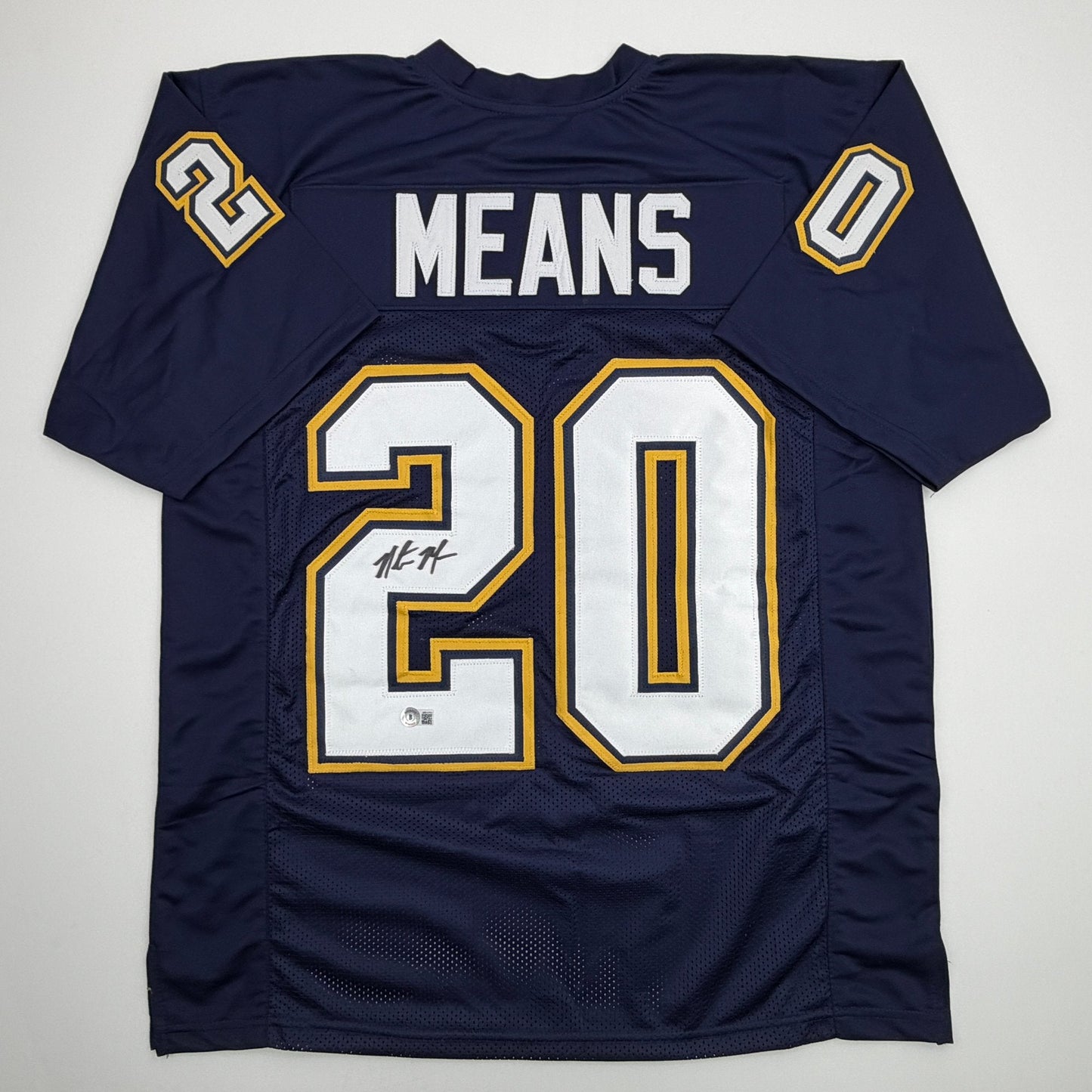 Autographed/Signed Natrone Means Los Angeles San Diego Navy Blue Football Jersey Beckett BAS COA