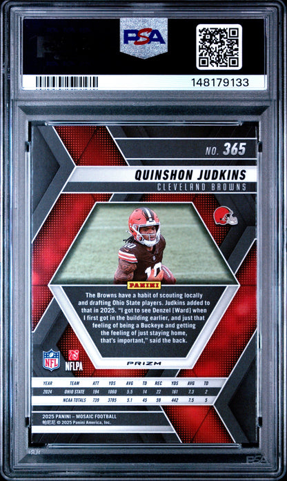 Graded 2025 Panini Mosaic Quinshon Judkins #365 Red/White Stripe Rookie RC Football Card PSA 7 Near Mint