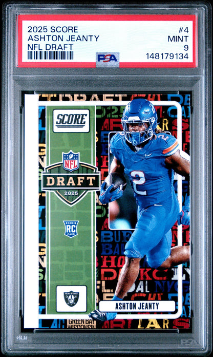 Graded 2025 Panini Score Ashton Jeanty #4 NFL Draft Rookie RC Football Card PSA 9 Mint