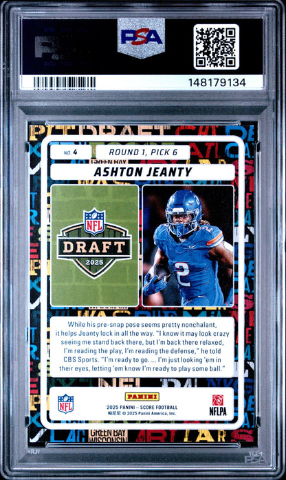 Graded 2025 Panini Score Ashton Jeanty #4 NFL Draft Rookie RC Football Card PSA 9 Mint
