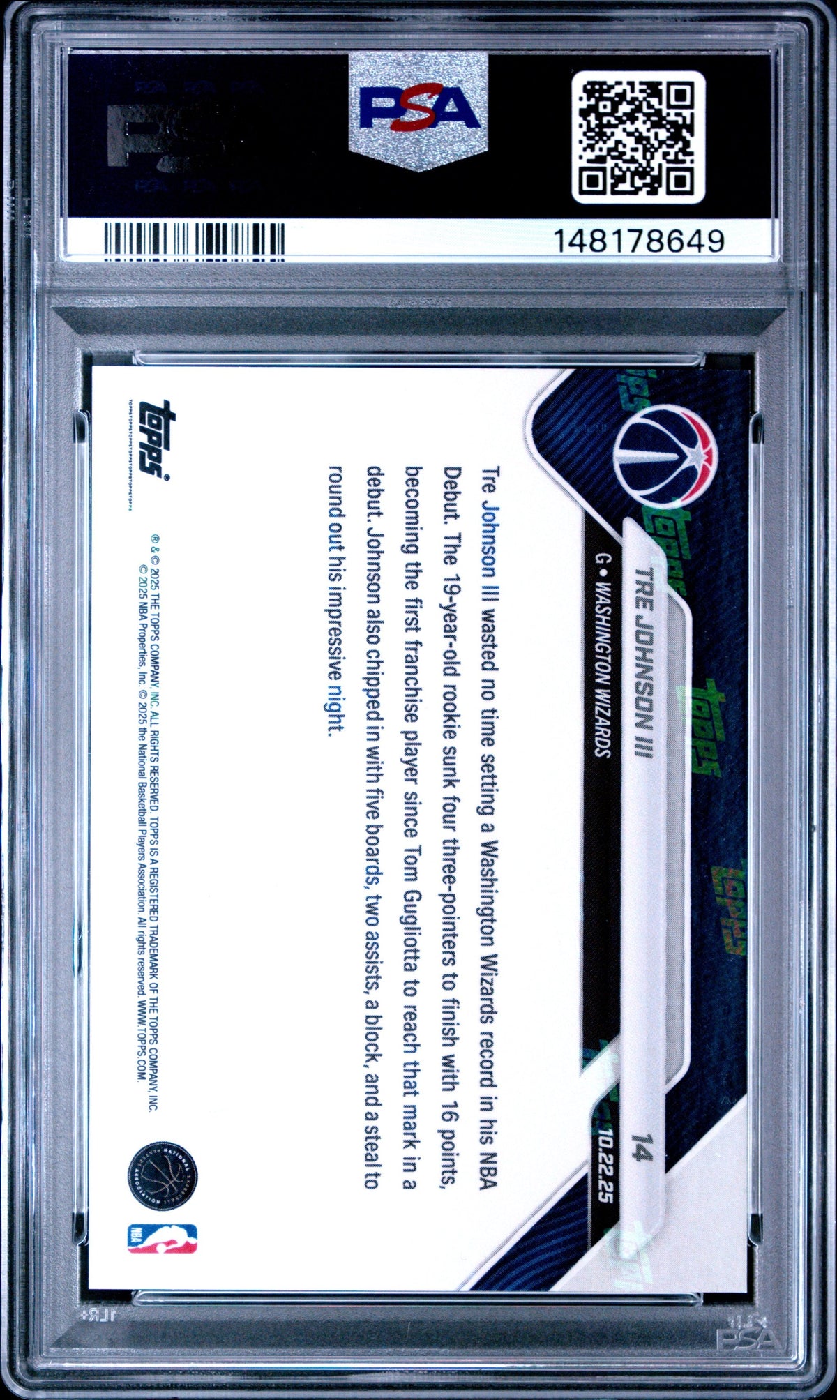 Graded 2025 Topps Now Tre Johnson III #14 Rookie RC Basketball Card PSA 8 Near Mint