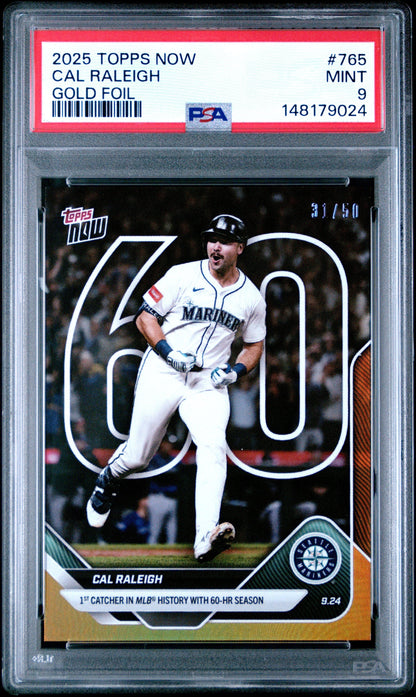 Graded 2025 Topps Now Cal Raleigh #765 Gold Foil /50 Baseball Card PSA 9 Mint