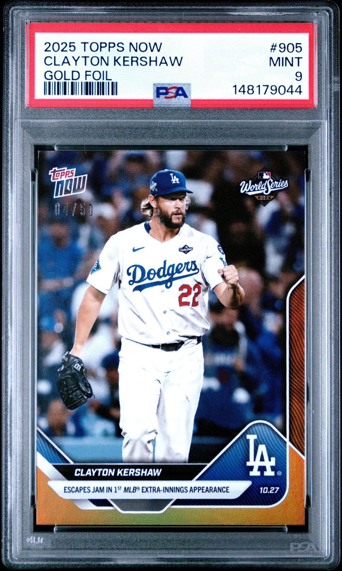 Graded 2025 Topps Now Clayton Kershaw #905 Gold Foil /50 Baseball Card PSA 9 Mint