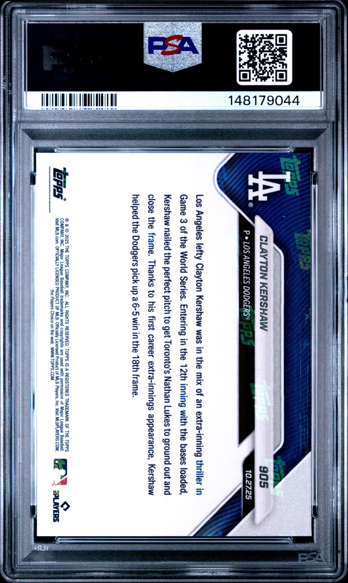 Graded 2025 Topps Now Clayton Kershaw #905 Gold Foil /50 Baseball Card PSA 9 Mint