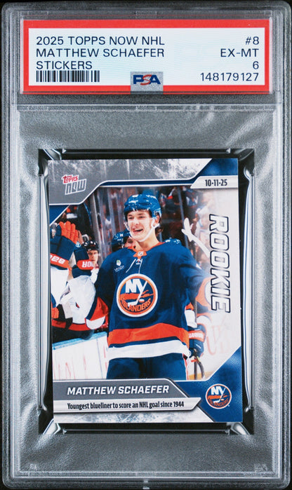 Graded 2025 Topps Now Matthew Schaefer #8 Rookie RC Hockey Card PSA 6 Excellent