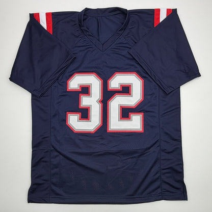 Autographed/Signed TreVeyon Henderson New England Blue Football Jersey Beckett BAS COA