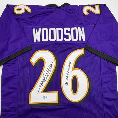 Autographed/Signed Rod Woodson SB XXXV Champs Baltimore Purple Football Jersey Beckett BAS COA
