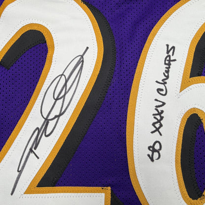 Autographed/Signed Rod Woodson SB XXXV Champs Baltimore Purple Football Jersey Beckett BAS COA