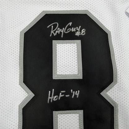 Autographed/Signed Ray Guy HOF 14 Oakland Las Vegas White Football Jersey JSA COA