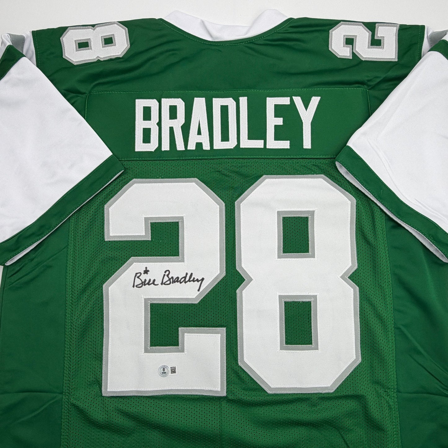 Autographed/Signed Bill Bradley Philadelphia Kelly Green Football Jersey Beckett BAS COA