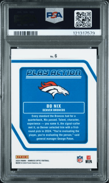 Graded 2024 Panini Donruss Optic Bo Nix #6 Play Action Rookie RC Football Card PSA 10 Gem Mint