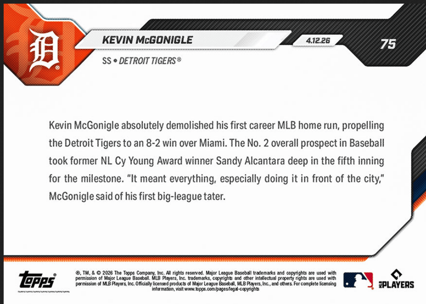 2026 Topps Now Kevin McGonigle #75 Blasts 1st Career MLB HR in Series Sweep Detroit Tigers Rookie RC Baseball Card