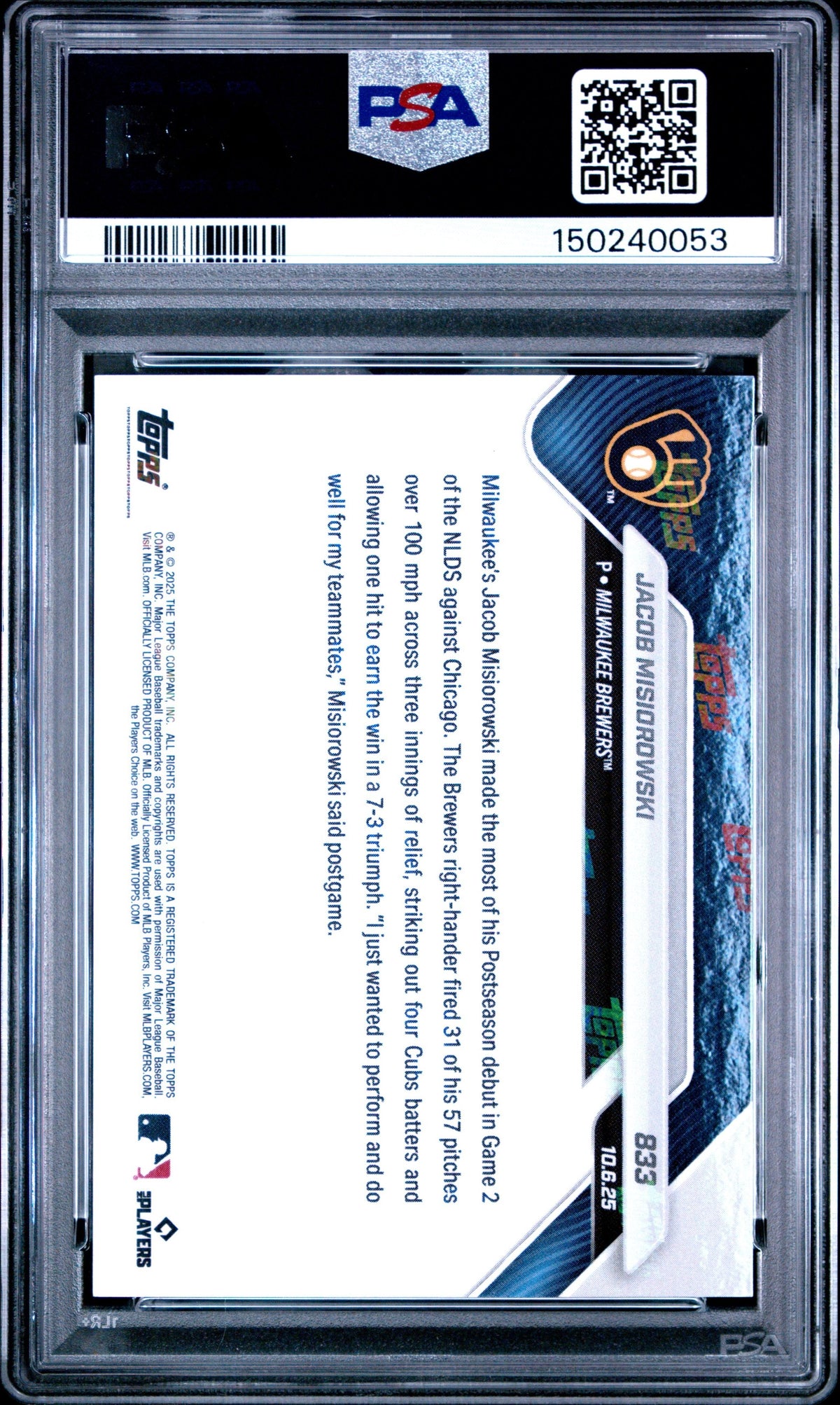 Graded 2025 Topps Now Jacob Misiorowski #833 Rookie RC Baseball Card PSA 9 Mint