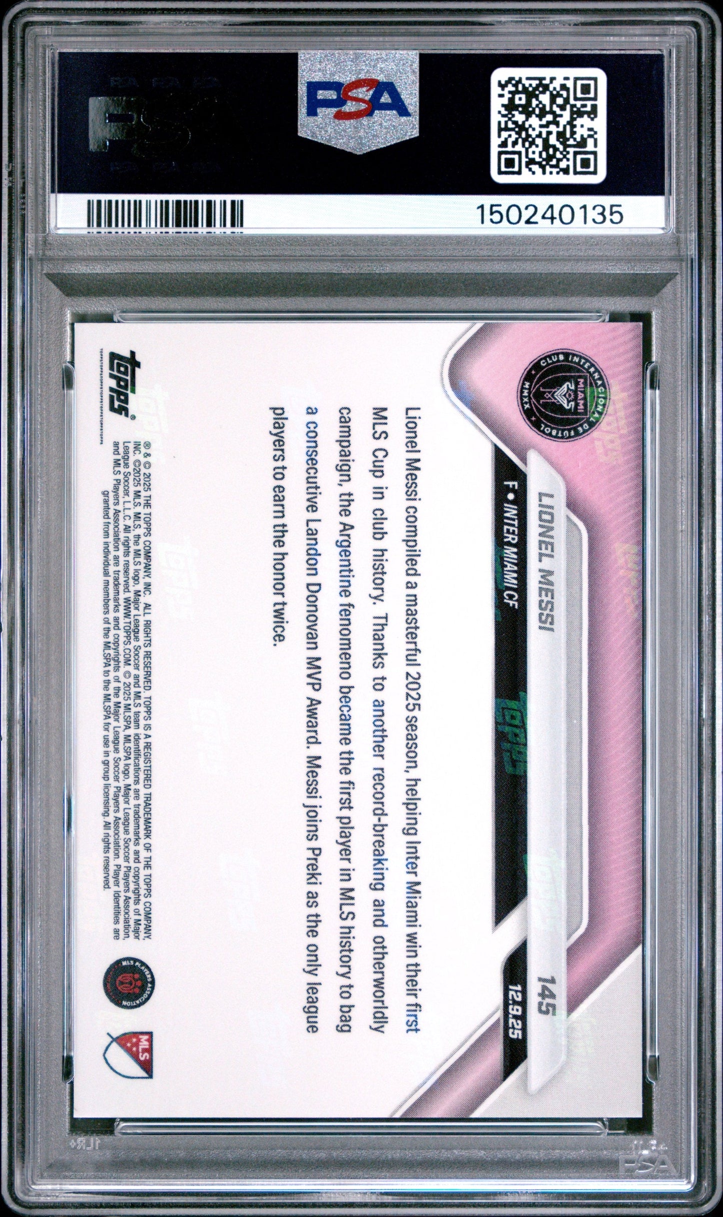 Graded 2025 Topps Now Lionel Messi #145 Soccer Card PSA 10 Gem Mint