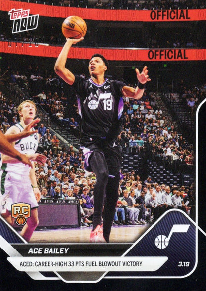 2025 Topps Now Ace Bailey #217 Black Foil /10 Aced: Career High 33 Points Fuel Blowout Win Utah Jazz Rookie RC Basketball Card