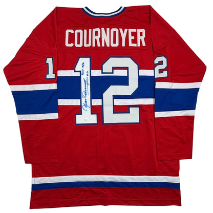 Autographed/Signed Yvan Cournoyer HOF 1982 Montreal Red Hockey Jersey JSA COA