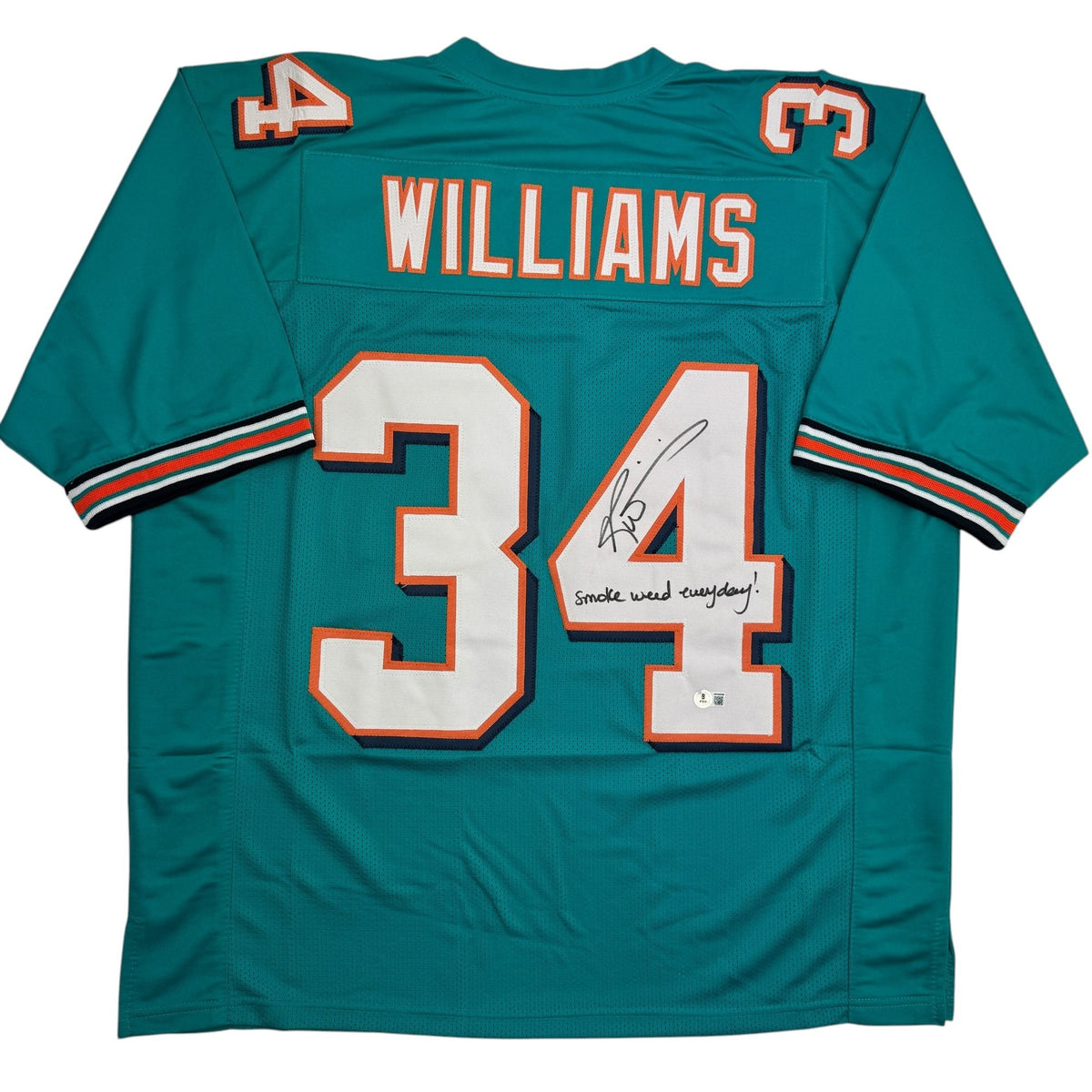 Autographed/Signed Ricky Williams Smoke Weed Everyday Miami Teal Football Jersey Beckett BAS COA