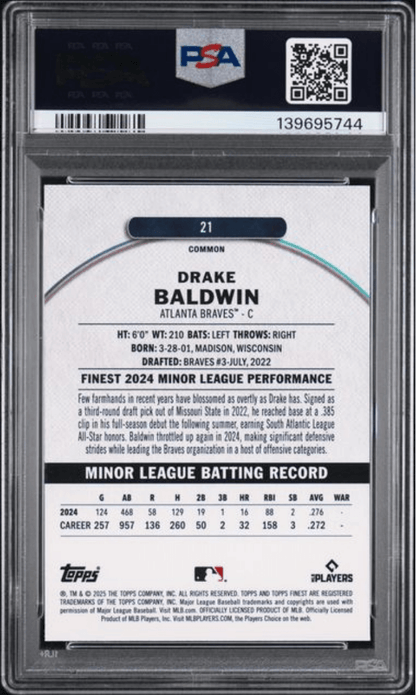 Graded 2025 Topps Finest Drake Baldwin #21 Checkerboard Refractor Rookie RC Baseball Card PSA 10 Gem Mint