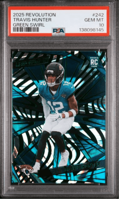 Graded 2025 Panini Revolution Travis Hunter #242 Green Swirl /199 Rookie RC Football Card PSA 10 Gem Mint