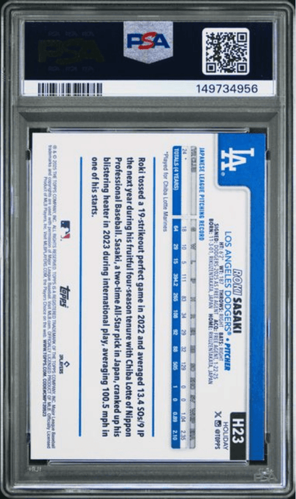 Graded 2025 Topps Holiday Roki Sasaki #H23 SP Rookie RC Baseball Card PSA 9 Mint
