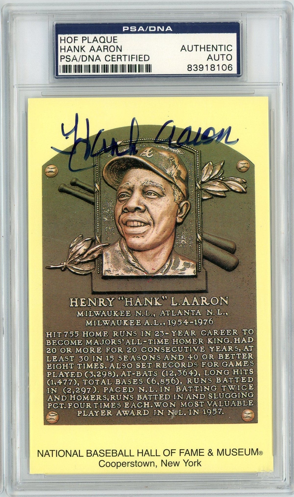 Graded Baseball Hall of Fame Plaque Hank Aaron Signed Autographed Baseball Postcard PSA/DNA Authentic