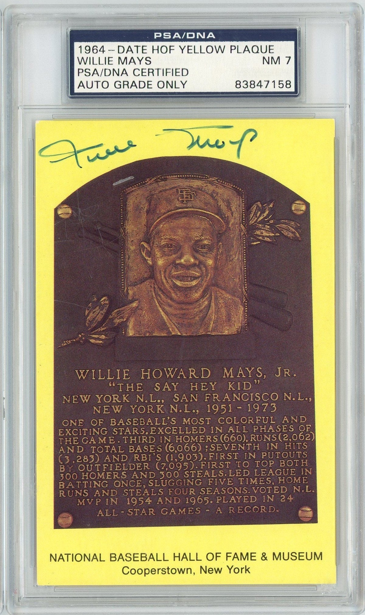 Graded Baseball Hall of Fame Plaque Willie Mays Signed Autographed Baseball Postcard PSA 7 Near Mint