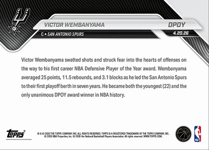 2025 Topps Now Victor Wembanyama #DPOY Youngest and First Ever Unanimous NBA DPOY San Antonio Spurs Basketball Card