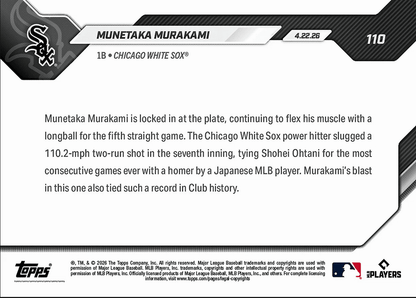2026 Topps Now Munetaka Murakami #110 5th Straight Game With Home Run Ties Ohtani's Mark Chicago White Sox Rookie RC Baseball Card
