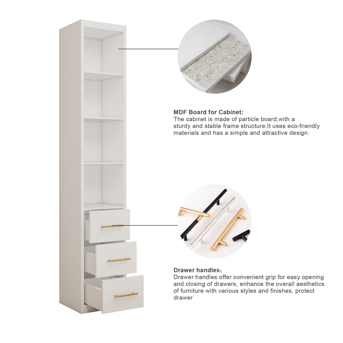 Tall Storage Cabinet With 3 Drawers For Bedroom - White