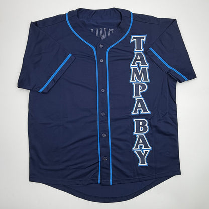 Autographed/Signed Garrett Cleavinger Tampa Bay Navy Blue Baseball Jersey JSA COA