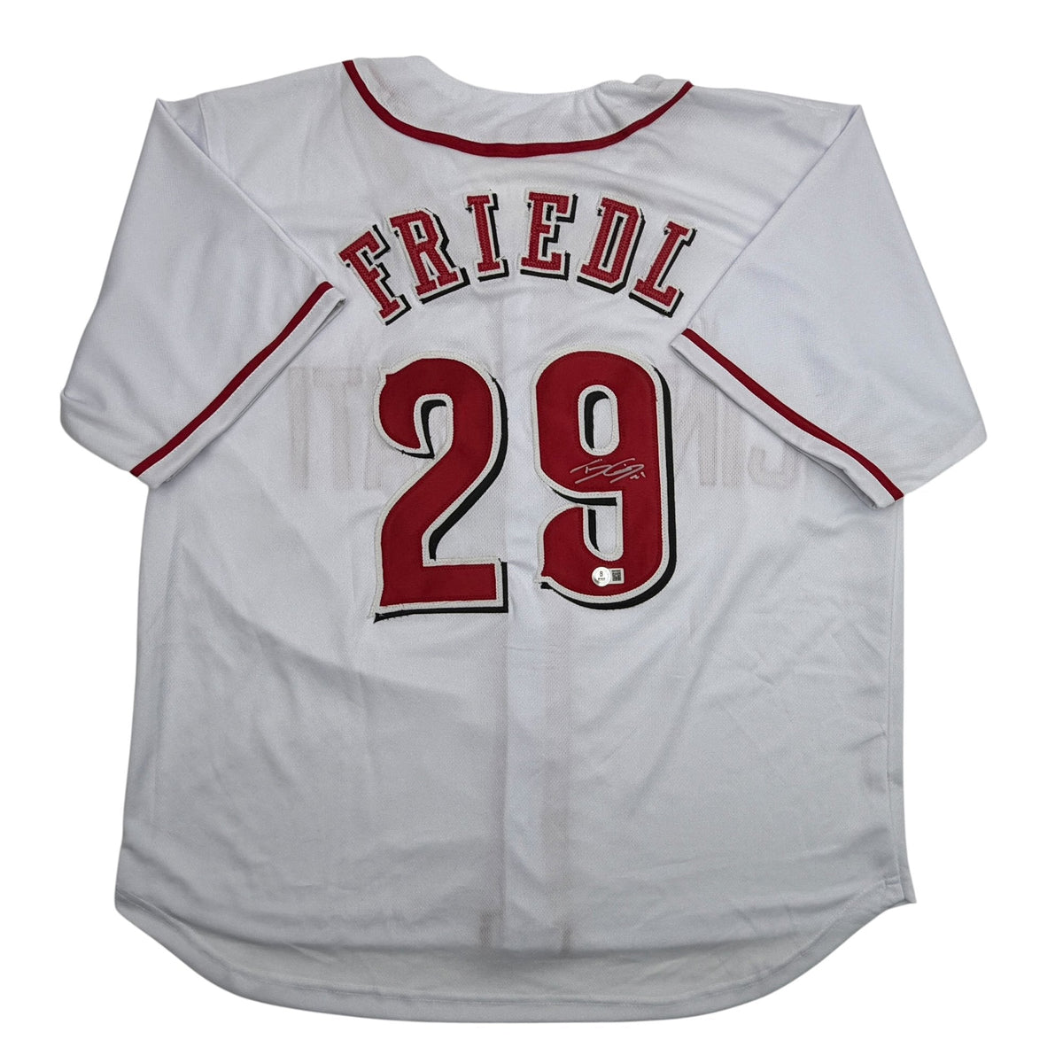 Autographed/Signed TJ Friedl Cincinnati White Baseball Jersey Beckett BAS COA
