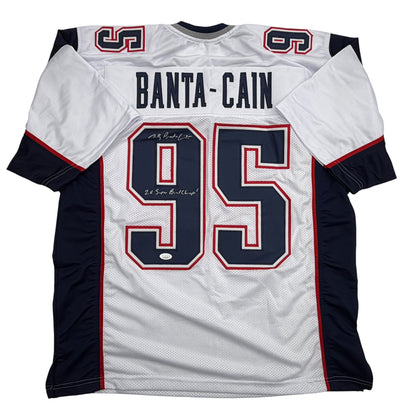 Autographed/Signed Tully Banta-Cain New England White Football Jersey JSA COA