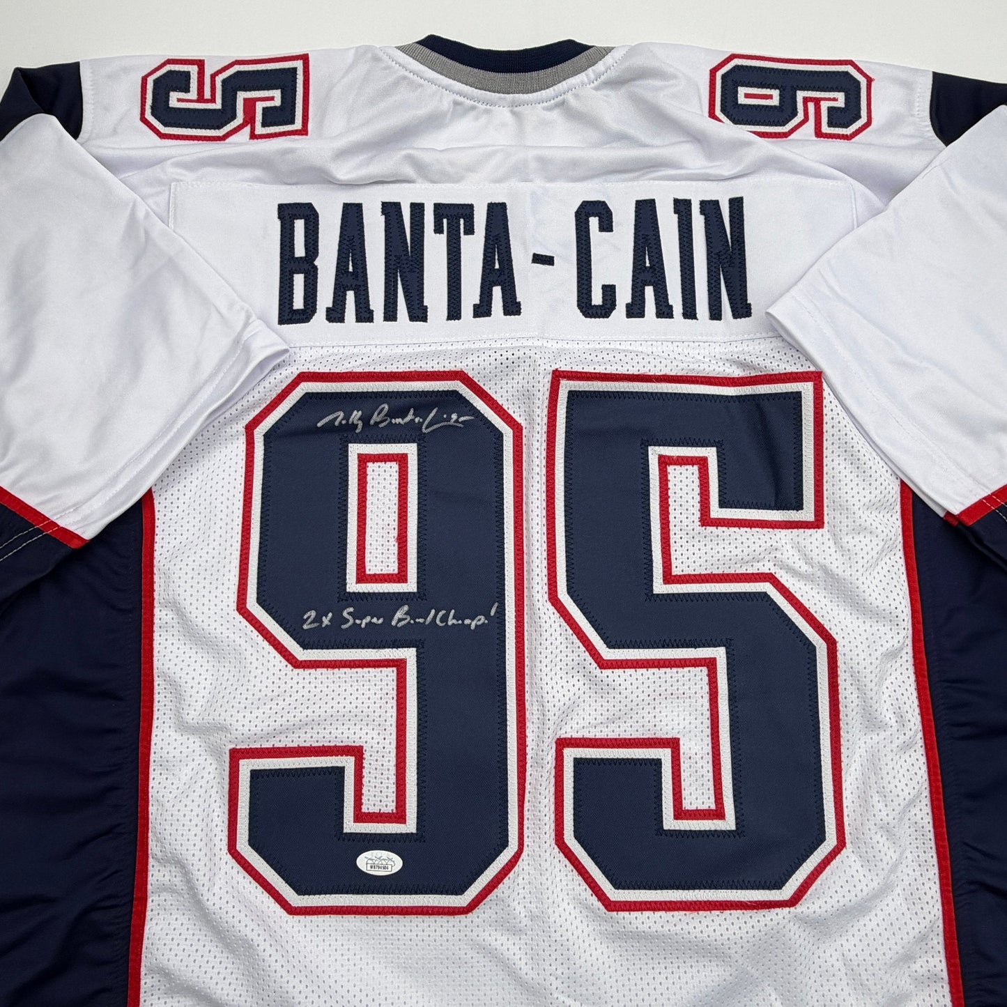 Autographed/Signed Tully Banta-Cain New England White Football Jersey JSA COA