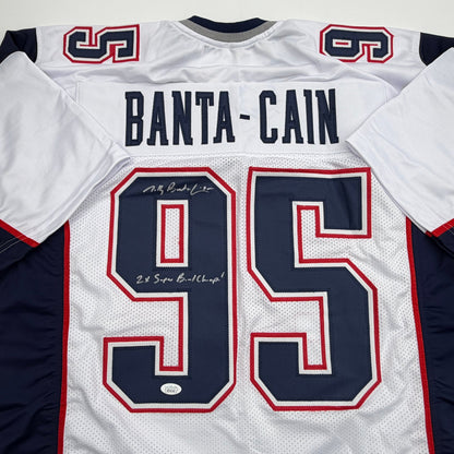 Autographed/Signed Tully Banta-Cain New England White Football Jersey JSA COA