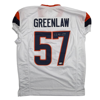 Autographed/Signed Dre Greenlaw Denver White Pro Cut Football Jersey Beckett BAS COA