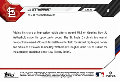 2026 Topps Now JJ Wetherholt #8 Opening Day, Debut Home Run is 1st for Team Since 1957 St Louis Cardinals Rookie RC Baseball Card