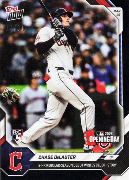2026 Topps Now Chase DeLauter #12 Black Foil /10 2 Home Run Regular Season Debut Writes Club History Cleveland Guardians Rookie RC Baseball Card