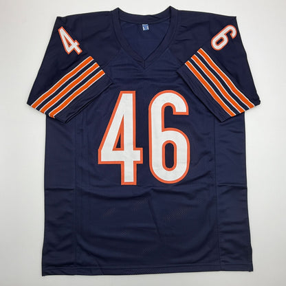 Autographed/Signed Doug Plank Chicago Blue Football Jersey JSA COA