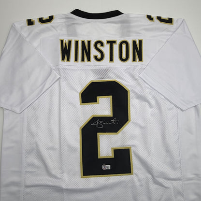 Autographed/Signed Jameis Winston New Orleans White Football Jersey Beckett BAS COA