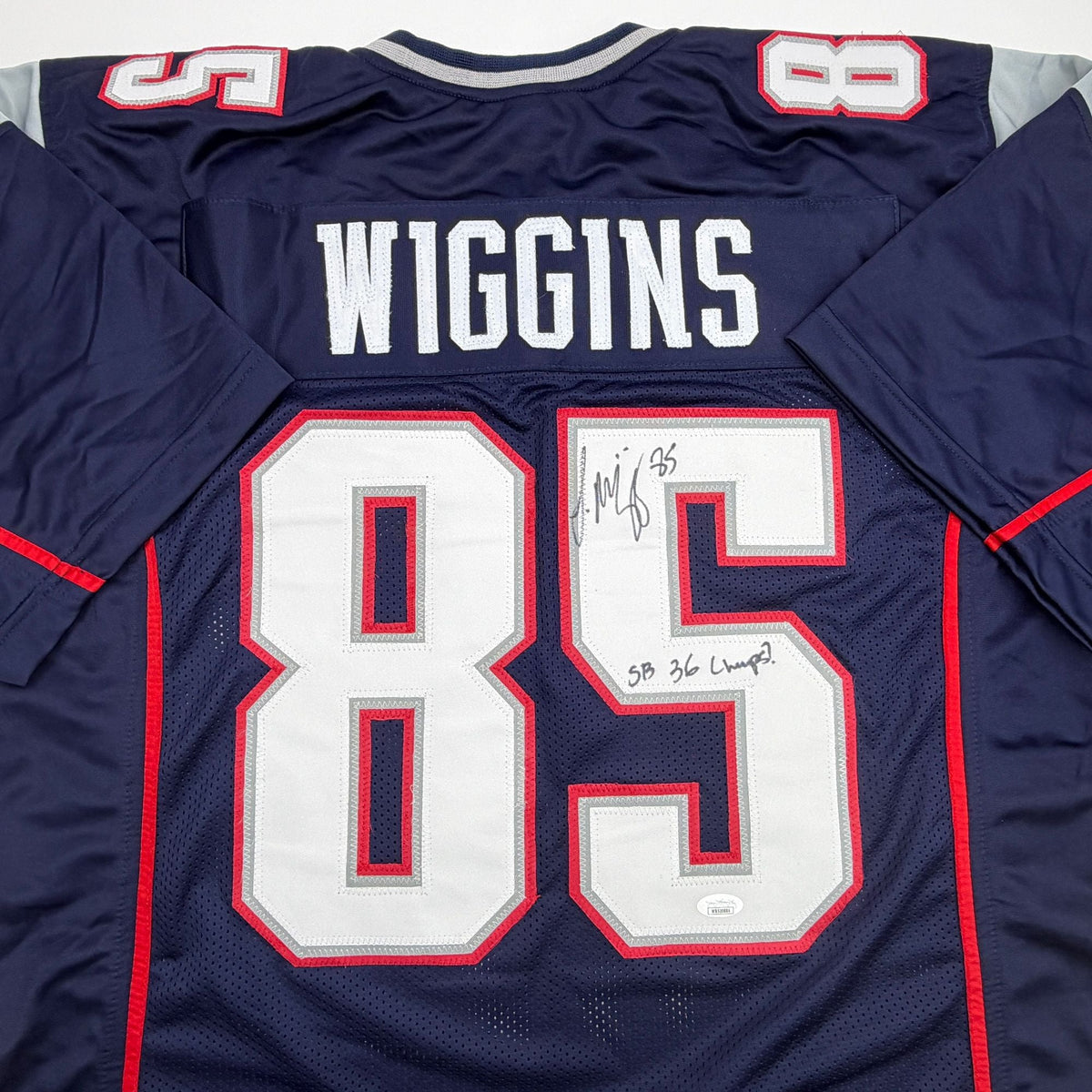 Autographed/Signed Jermaine Wiggins SB 36 Champs New England Blue Football Jersey JSA COA